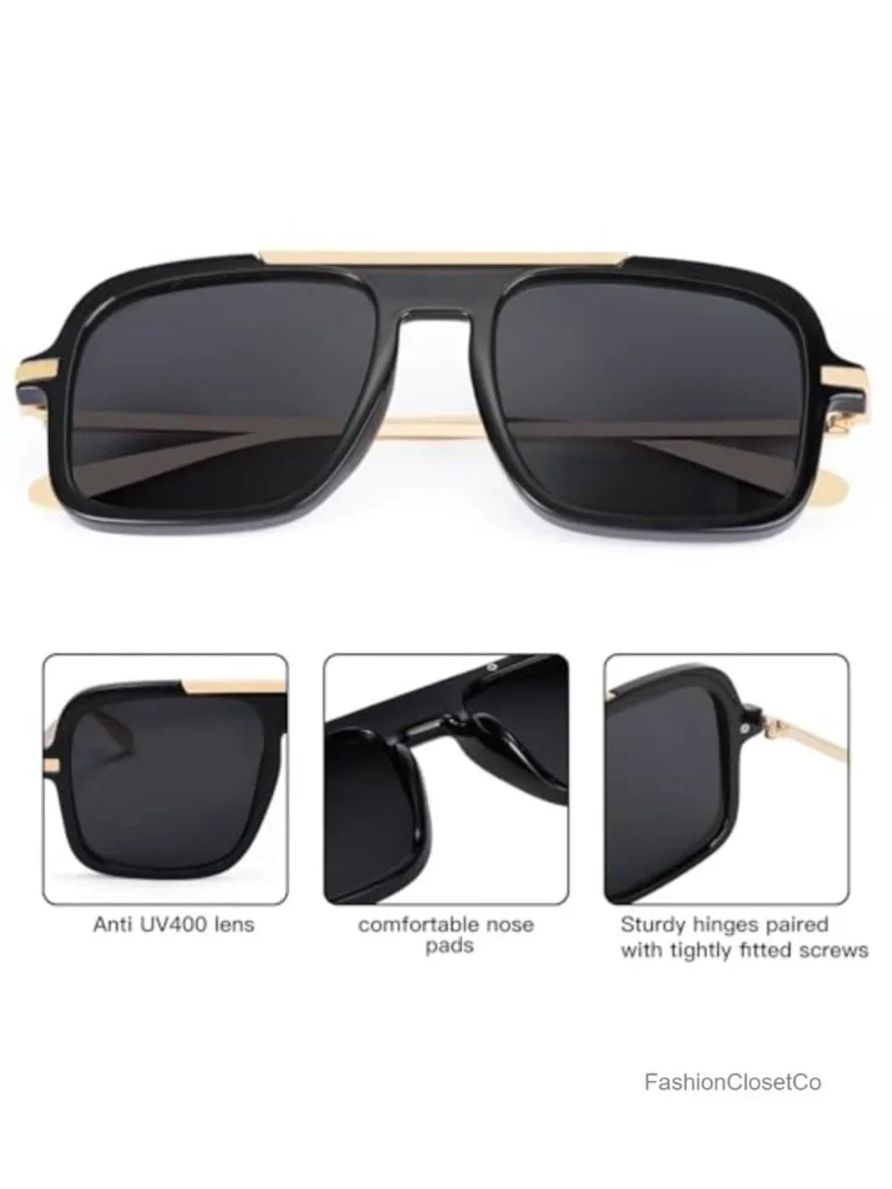 Retro Oversized Square Aviator Sunglasses Women Men UV400 Metal Frame